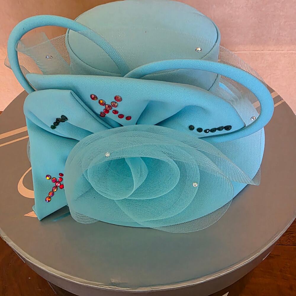NWT Tania Belle, electric blue tulle and rhinestones hat;   #28‎